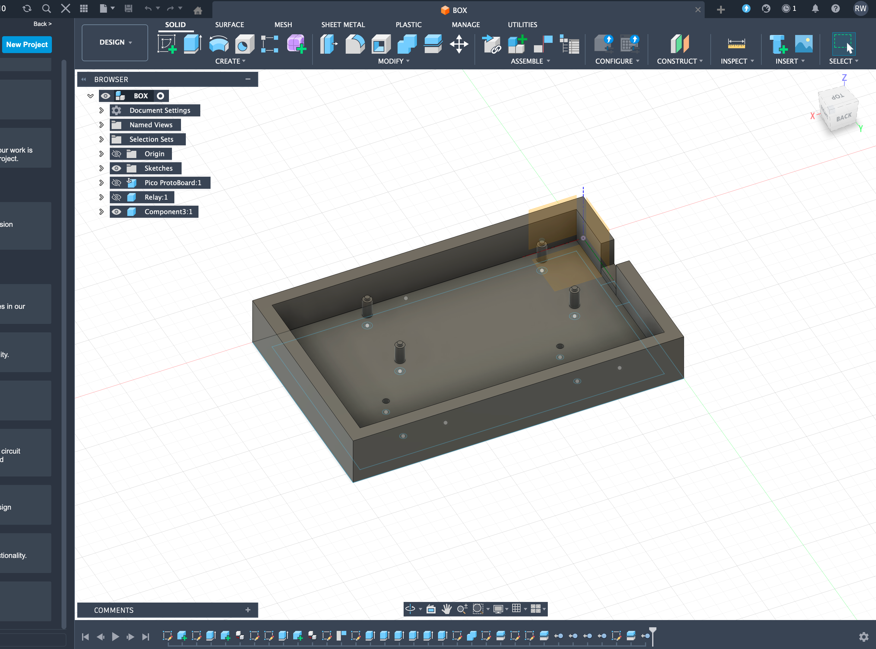 Fusion 360 CAD model of the box base