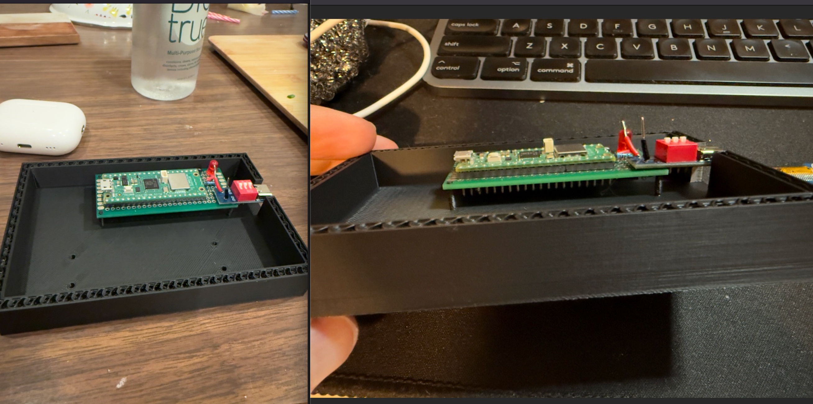 Top-down view of board seated in tray
